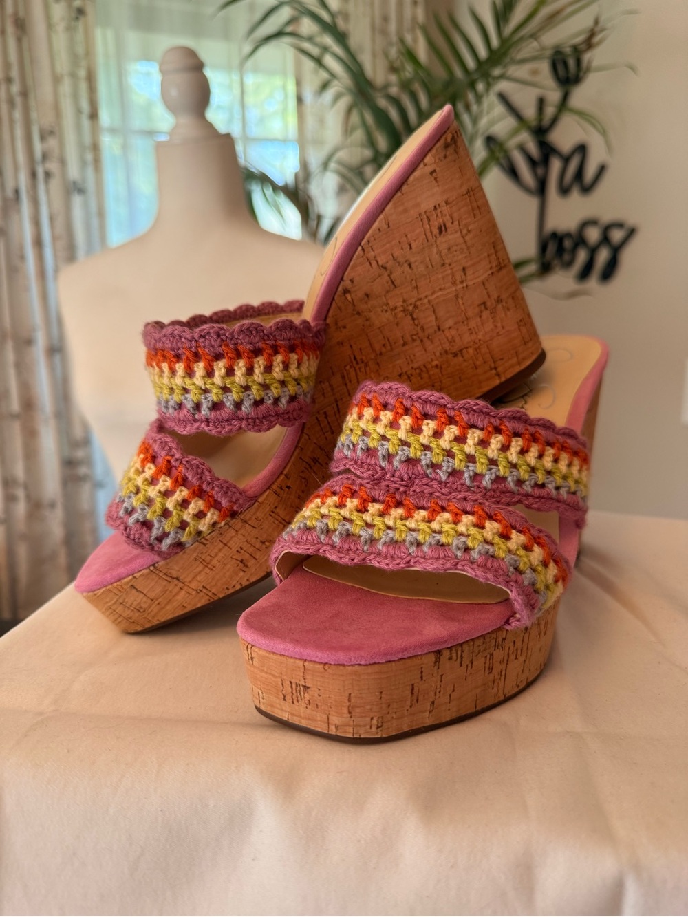 Jessica Simpson - Women’s Pink Crochet Cork Wedge Sandals